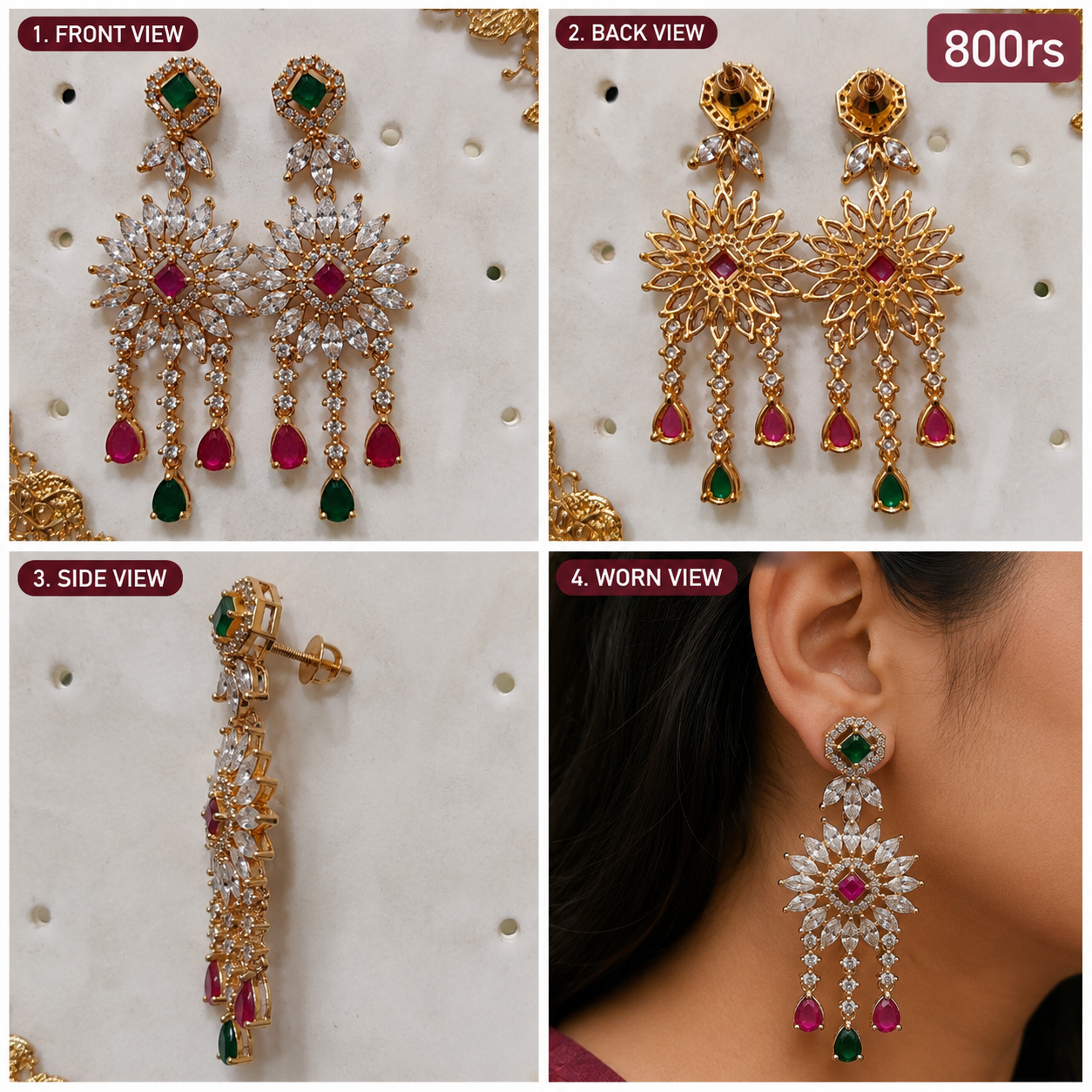 Premium Green & Ruby Stone Designer Hanging Earrings