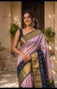 Elegant Pink & Navy Blue Saree with Rich Gold Zari Border
