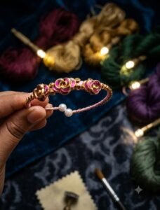 Hand is holding up a single, intricate thread bangle
